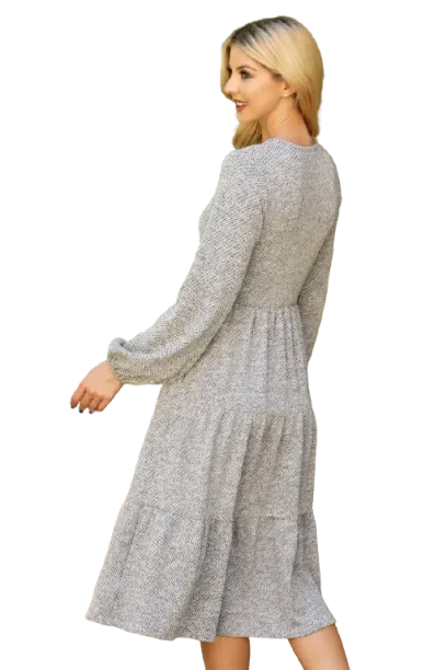 Long Puff Sleeve Elastic Waist Jacquard Knit Tiered Dress Heather Grey - Pack of 6