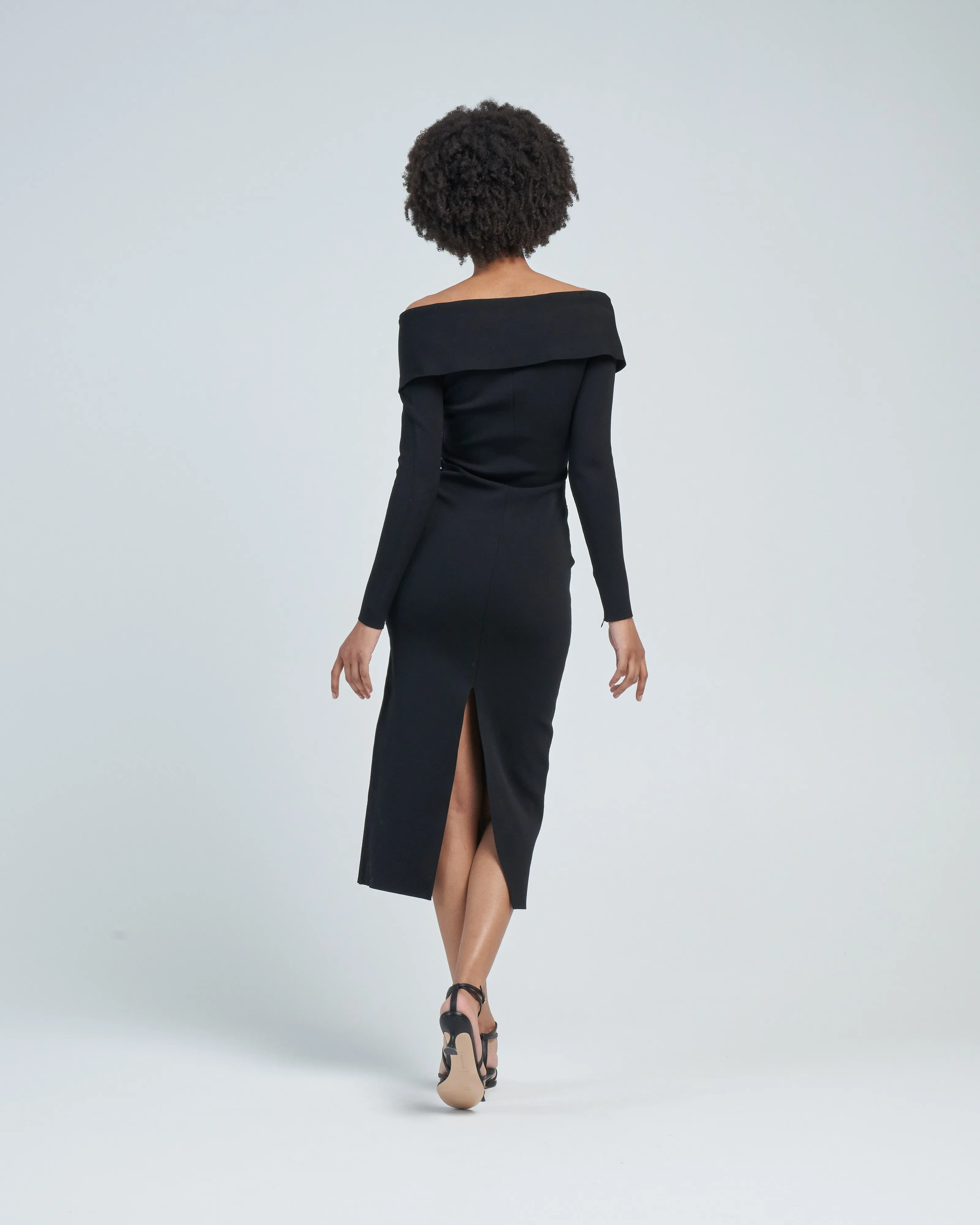 long sleeve flat knit midi dress black