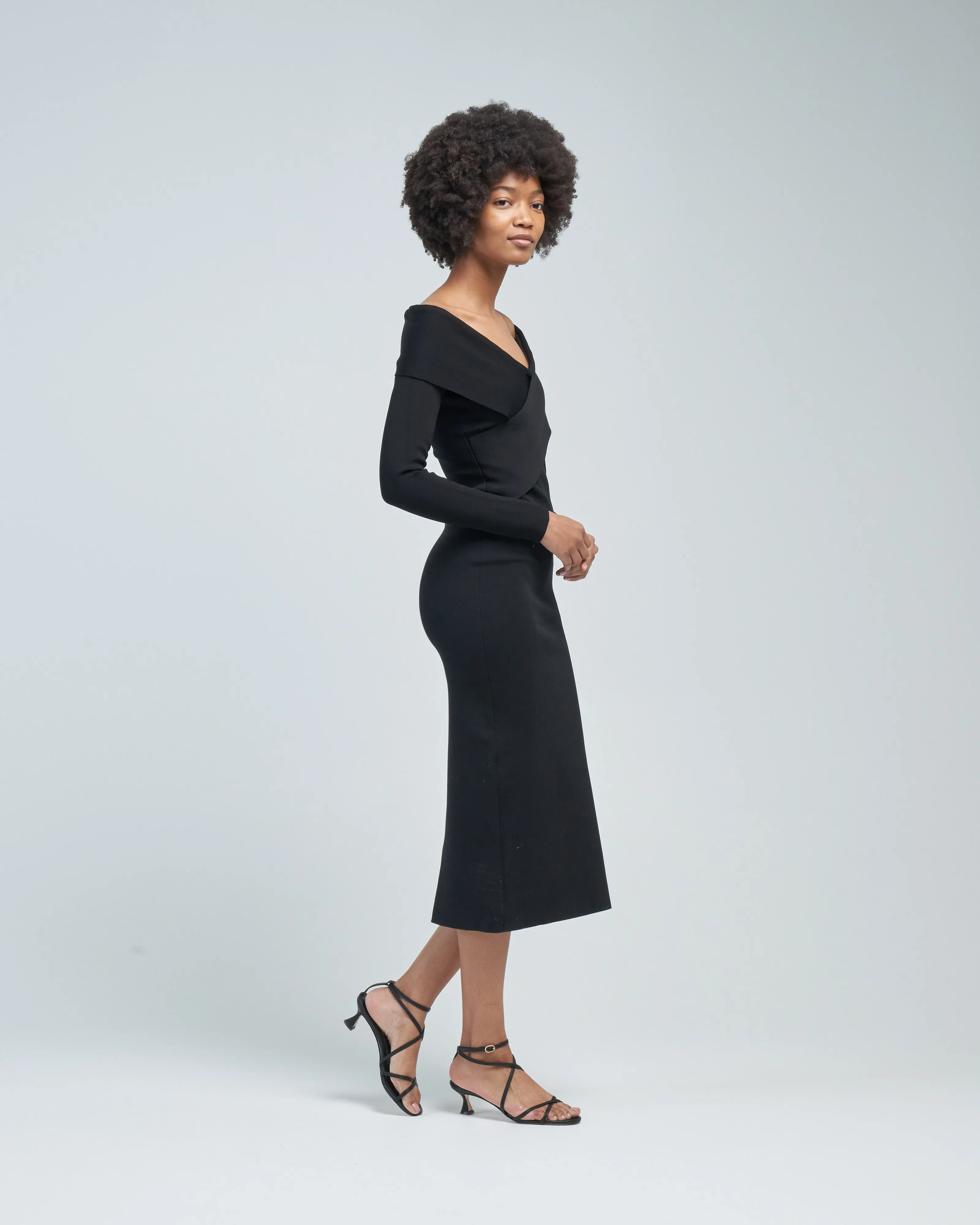 long sleeve flat knit midi dress black