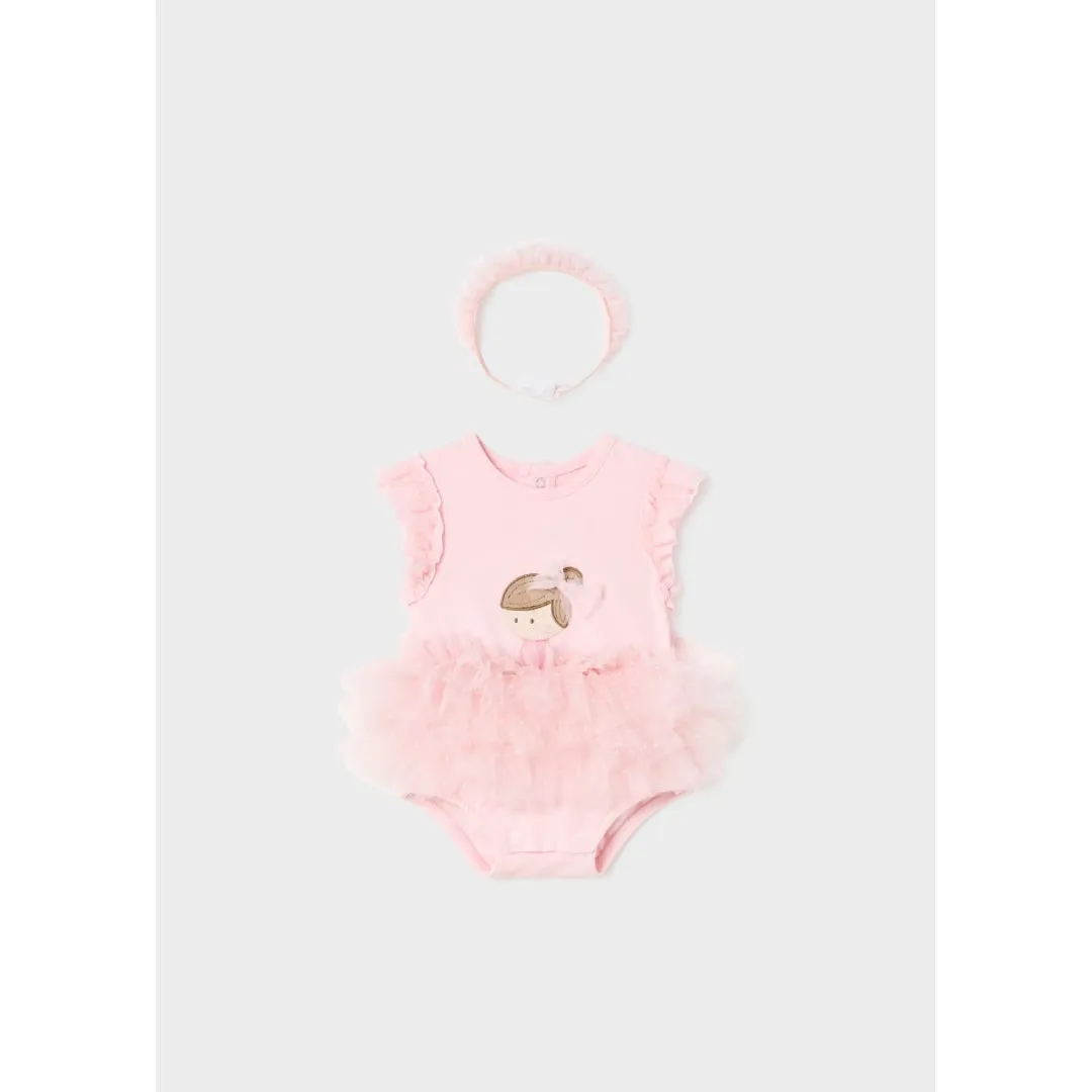 Mayoral Pink Tulle Cotton Romper & Headband
