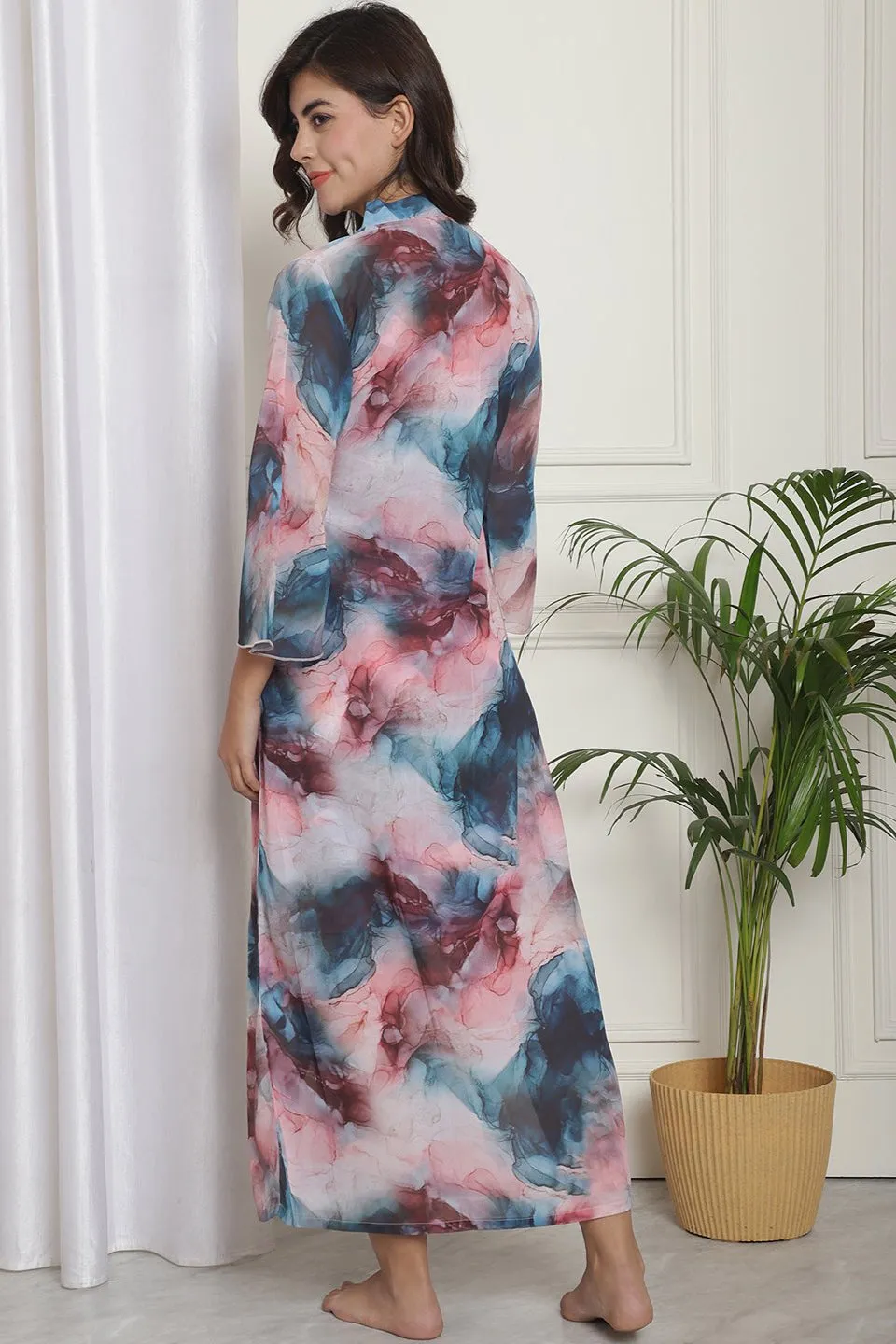 Multi color Abstract Printed Nightdress With Robe