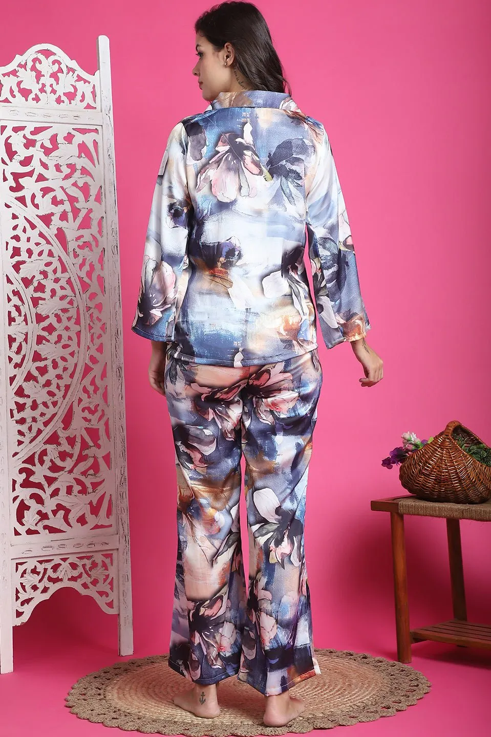 Multi-Color Floral Printed Satin Silk Night Suit for Women | S-XXL | Claura