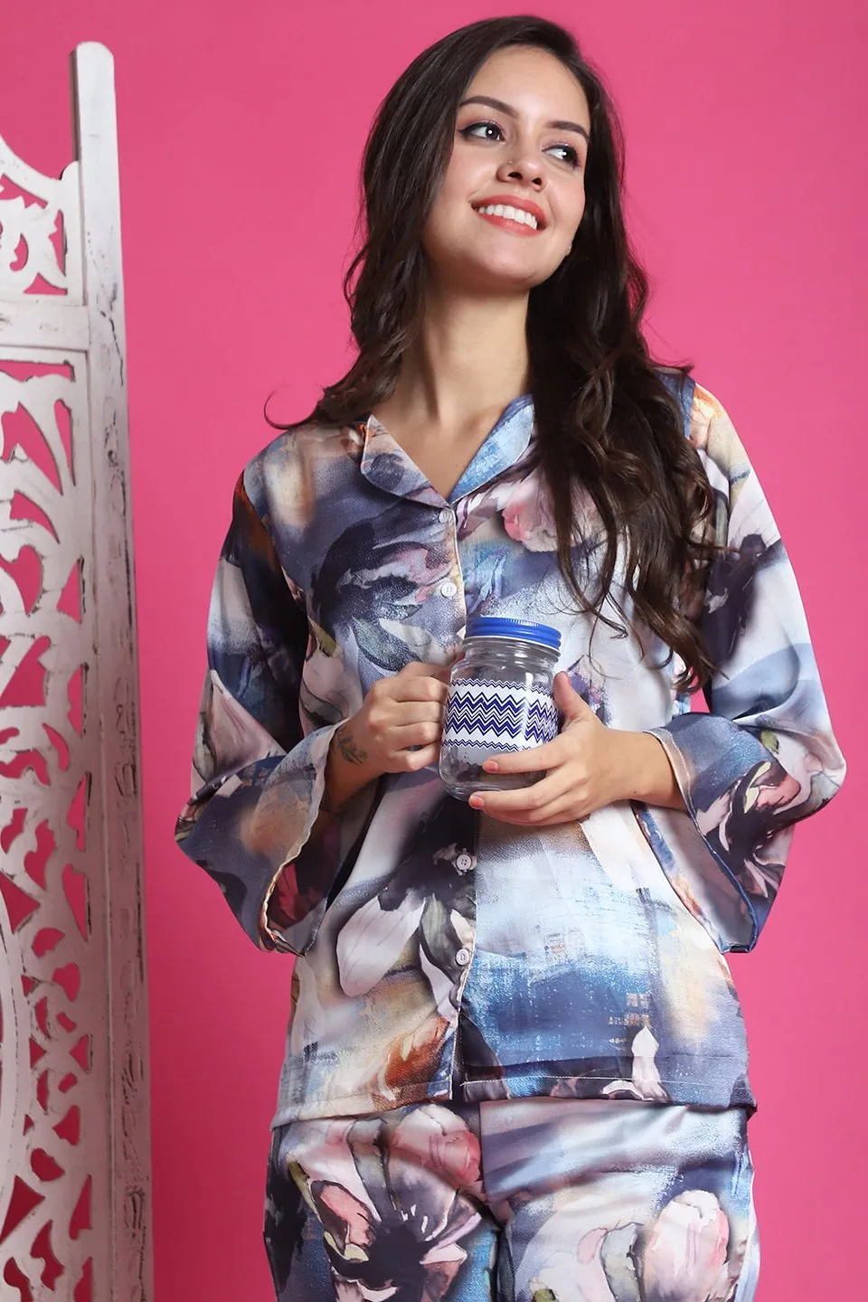 Multi-Color Floral Printed Satin Silk Night Suit for Women | S-XXL | Claura