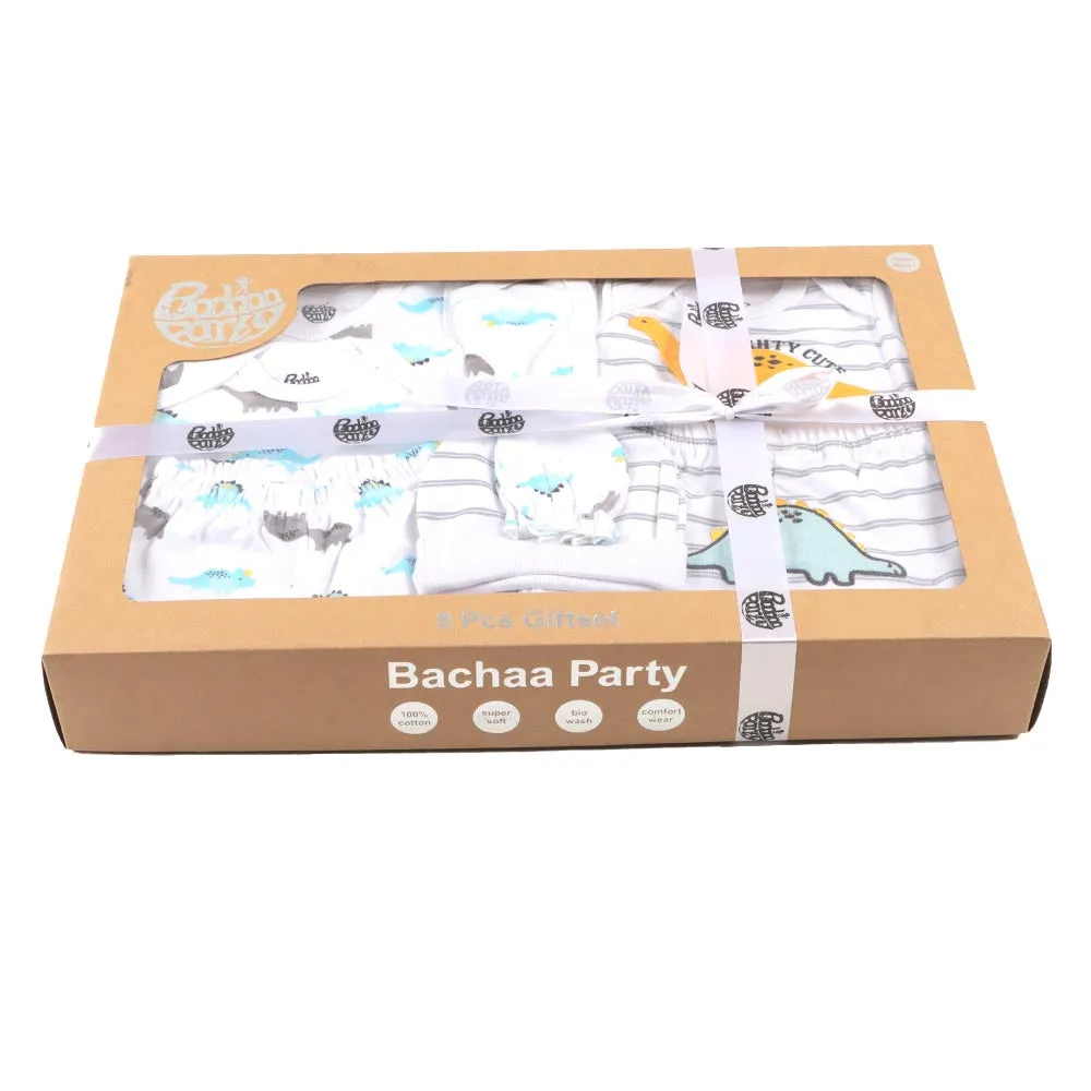New Born Boy Set 8Pc Dino - White | Bachaa Party Baby Clothes Rompers
