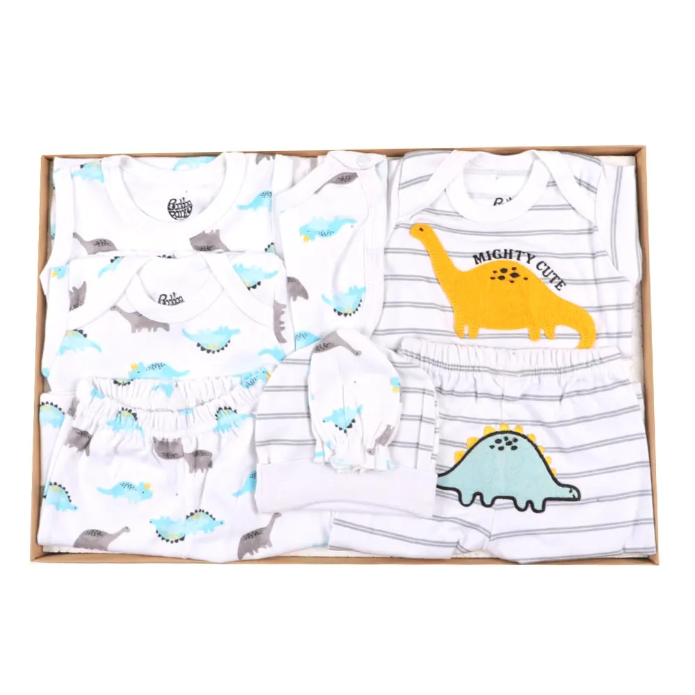 New Born Boy Set 8Pc Dino - White | Bachaa Party Baby Clothes Rompers