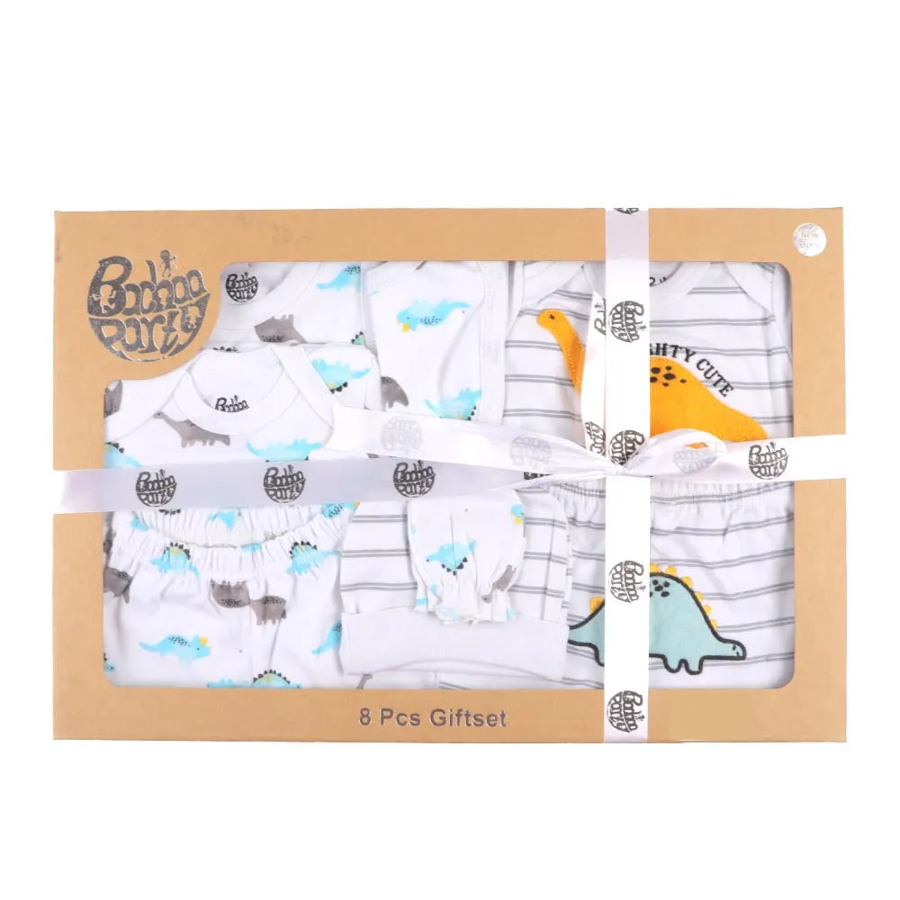New Born Boy Set 8Pc Dino - White | Bachaa Party Baby Clothes Rompers