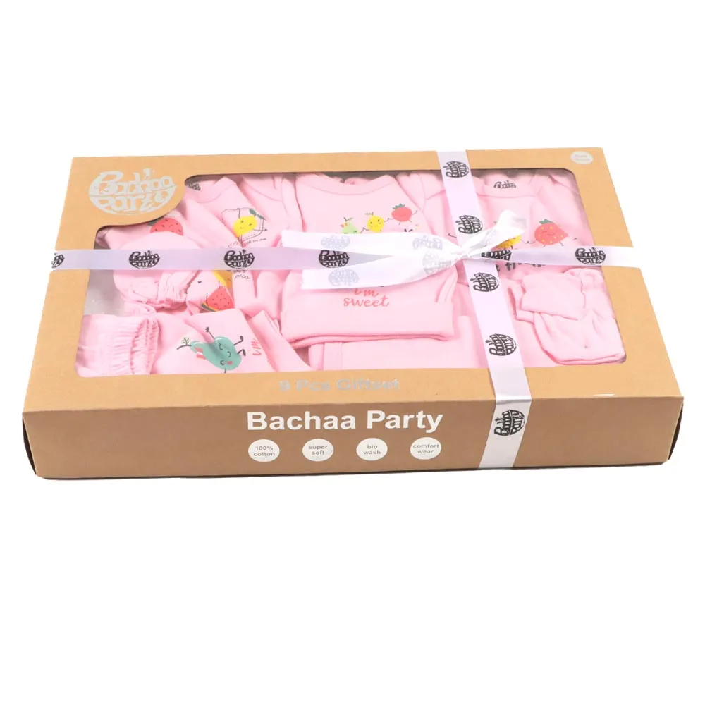 New Born Girl Set 9Pc Fruit - Pink | Bachaa Party Baby Clothes Girls Tops & T-Shirts