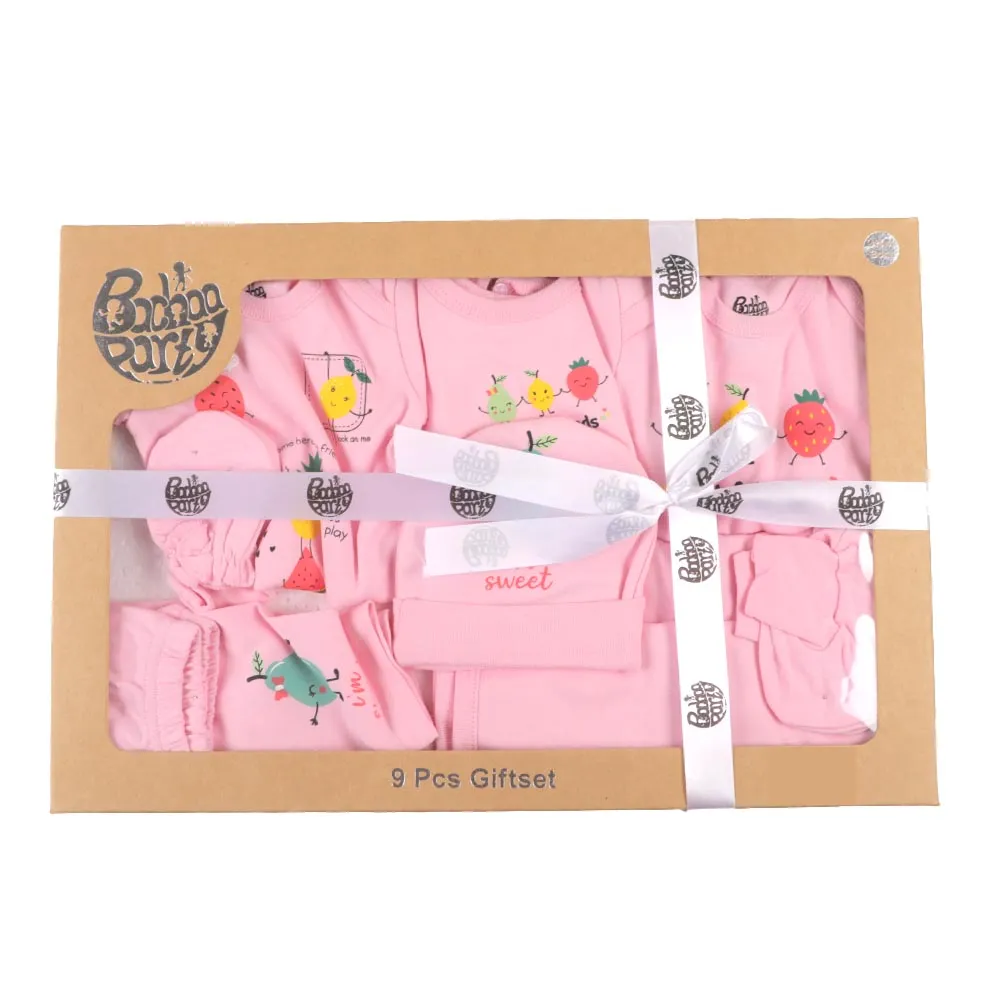 New Born Girl Set 9Pc Fruit - Pink | Bachaa Party Baby Clothes Girls Tops & T-Shirts