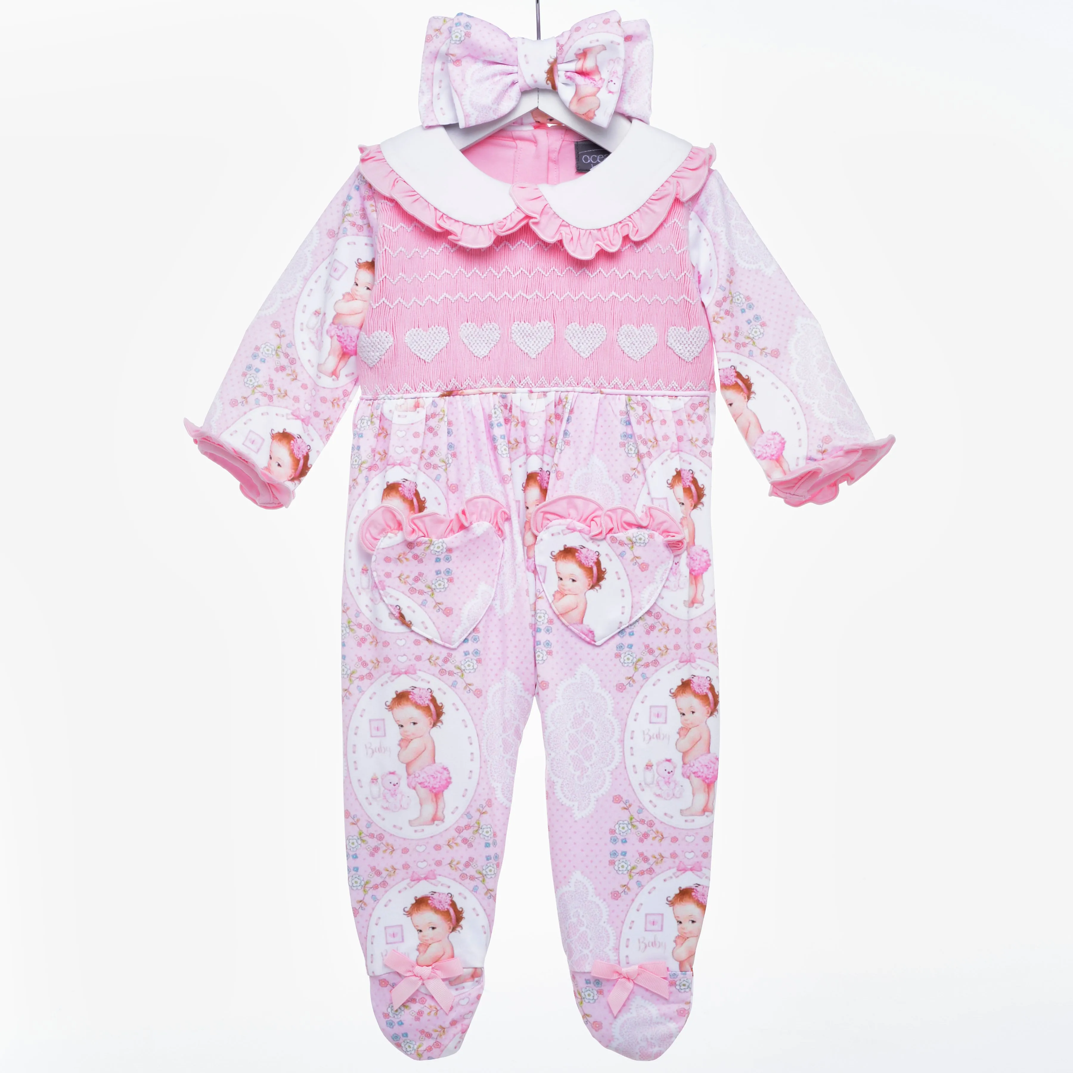 Ocean Baby Girls Pink Smocked Vintage Doll Sleepsuit & Headband Set (NB-12M)