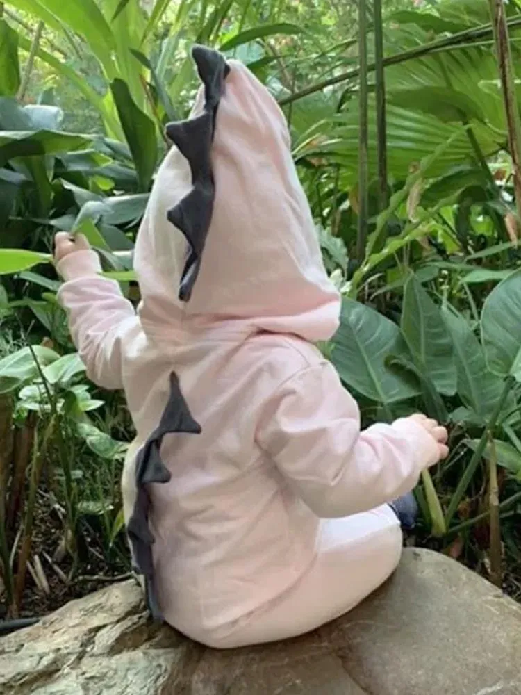 Pale Pink Dinosaur Baby Hooded Onesie With Dark Spikes From 3 Months