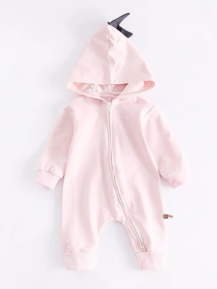 Pale Pink Dinosaur Baby Hooded Onesie With Dark Spikes From 3 Months