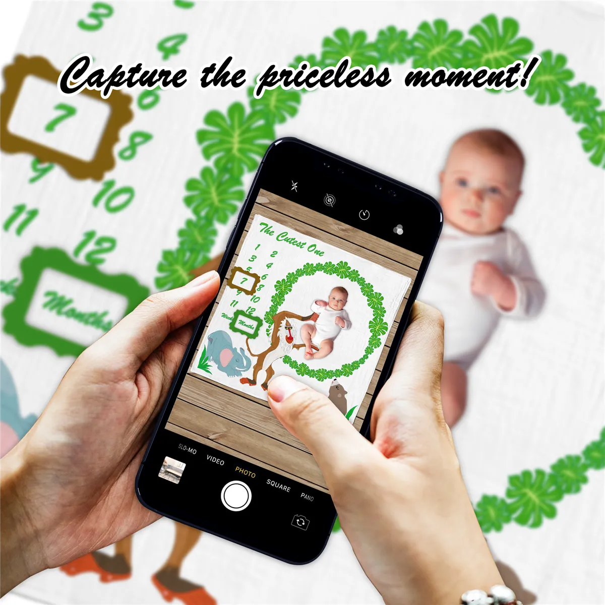 [Personalized] Endanzoo Baby Monthly Milestone Muslin Swaddle Blanket (Jungle Friends)