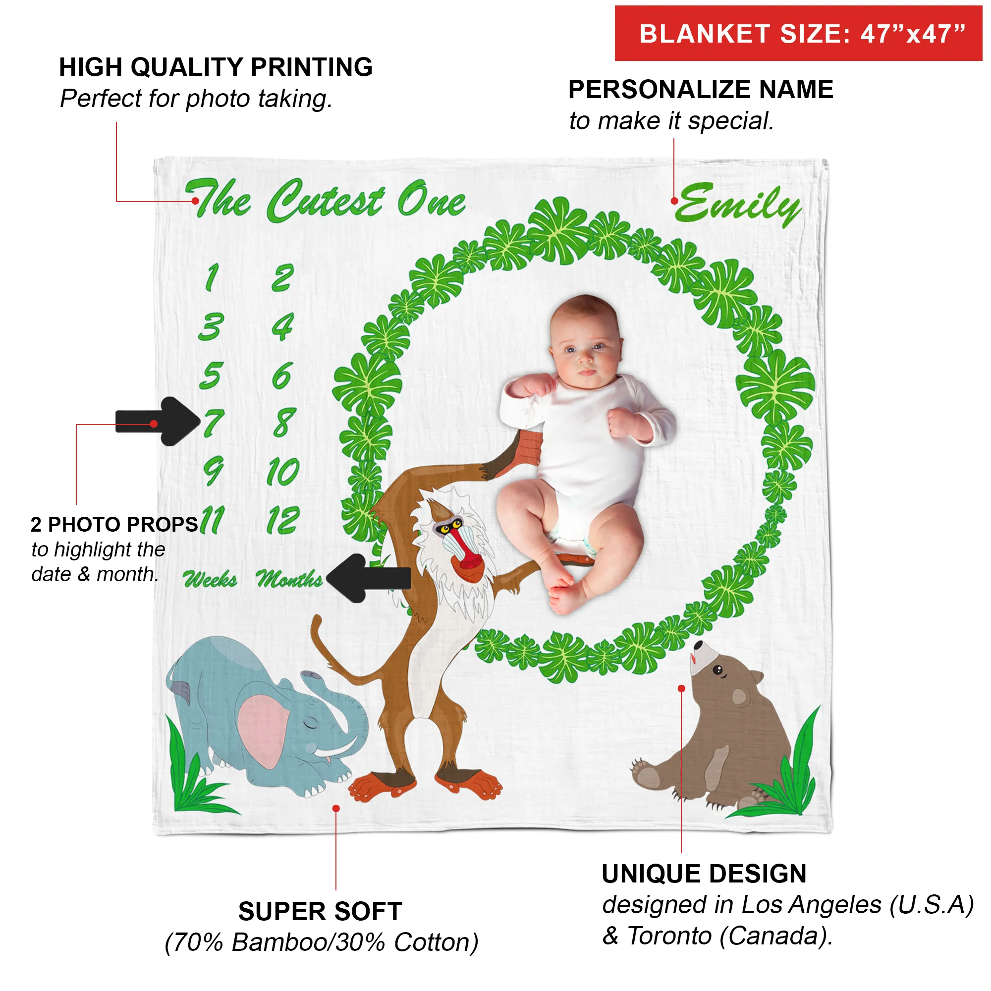 [Personalized] Endanzoo Baby Monthly Milestone Muslin Swaddle Blanket (Jungle Friends)