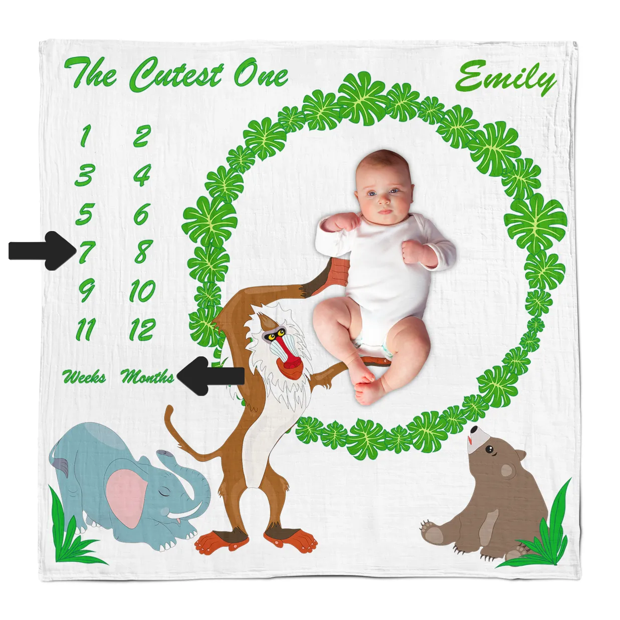 [Personalized] Endanzoo Baby Monthly Milestone Muslin Swaddle Blanket (Jungle Friends)