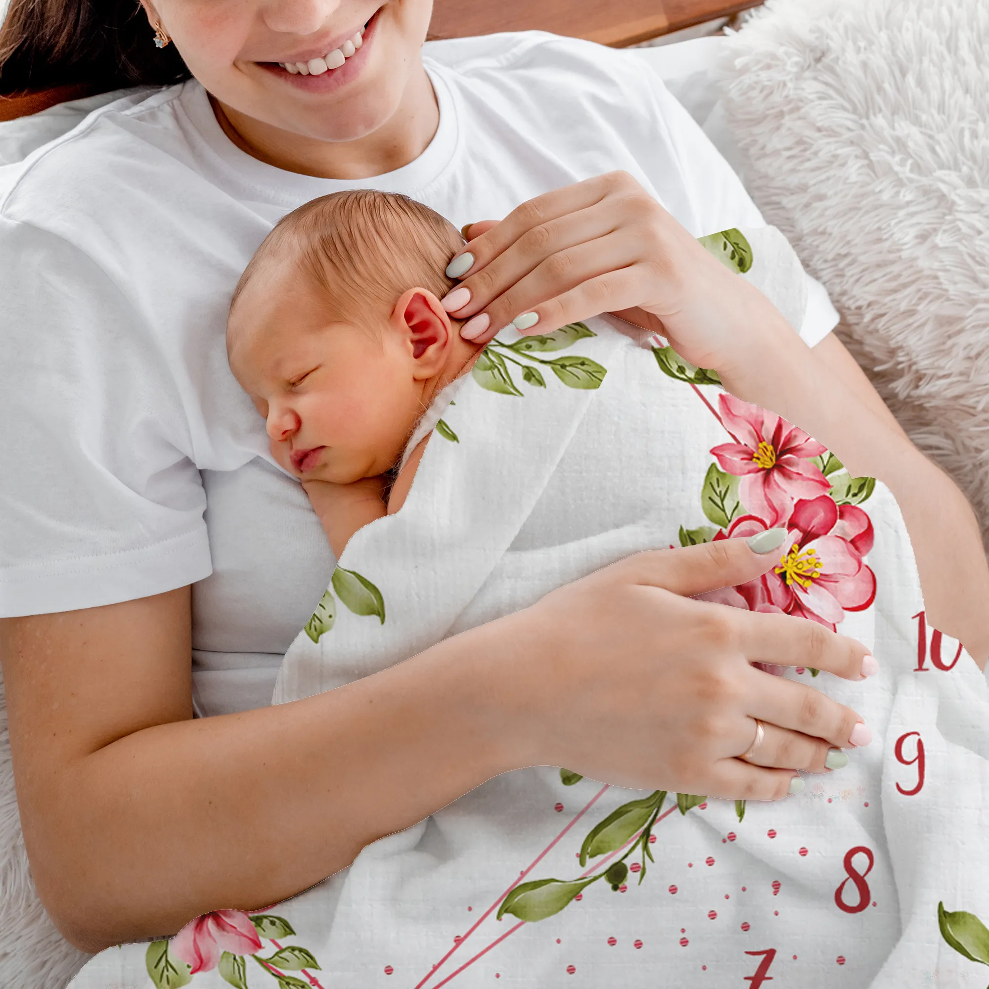 [Personalized] Endanzoo Baby Monthly Milestone Muslin Swaddle Blanket (Pink Floral)