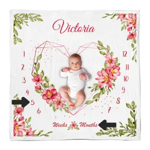 [Personalized] Endanzoo Baby Monthly Milestone Muslin Swaddle Blanket (Pink Floral)
