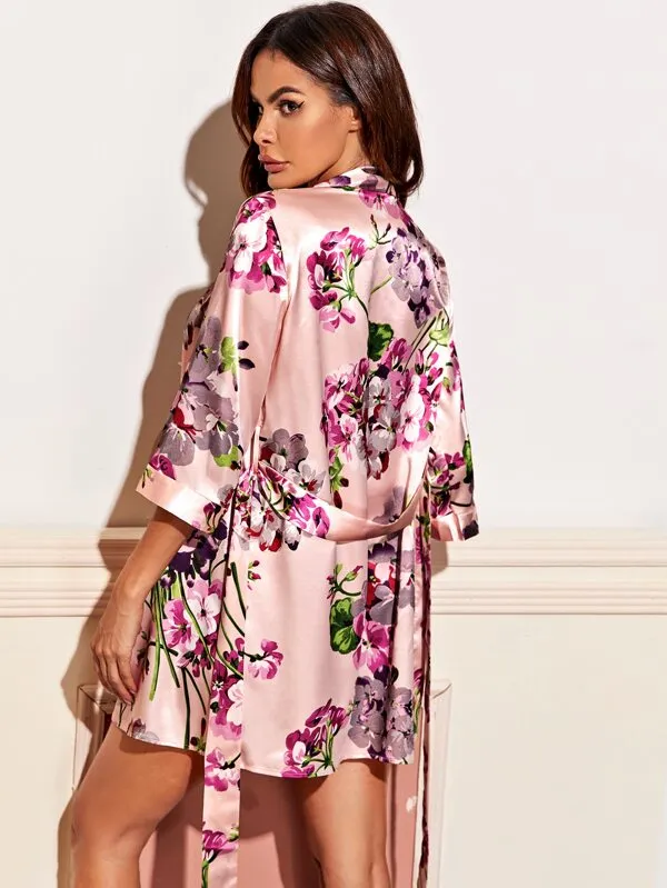 Pink Floral Satin Lingerie Set With Robe
