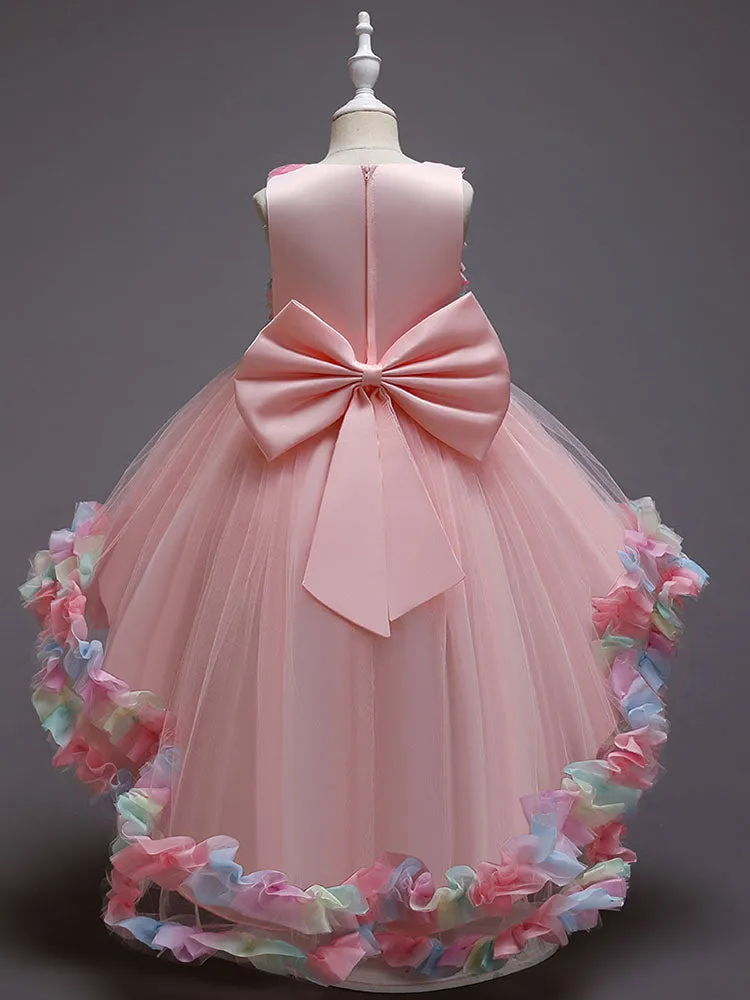 Pink Jewel Neck Sleeveless Bows Flowers Tulle Polyester Cotton Formal Kids Pageant flower girl dresses