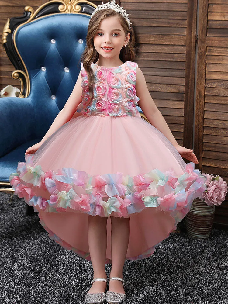 Pink Jewel Neck Sleeveless Bows Flowers Tulle Polyester Cotton Formal Kids Pageant flower girl dresses