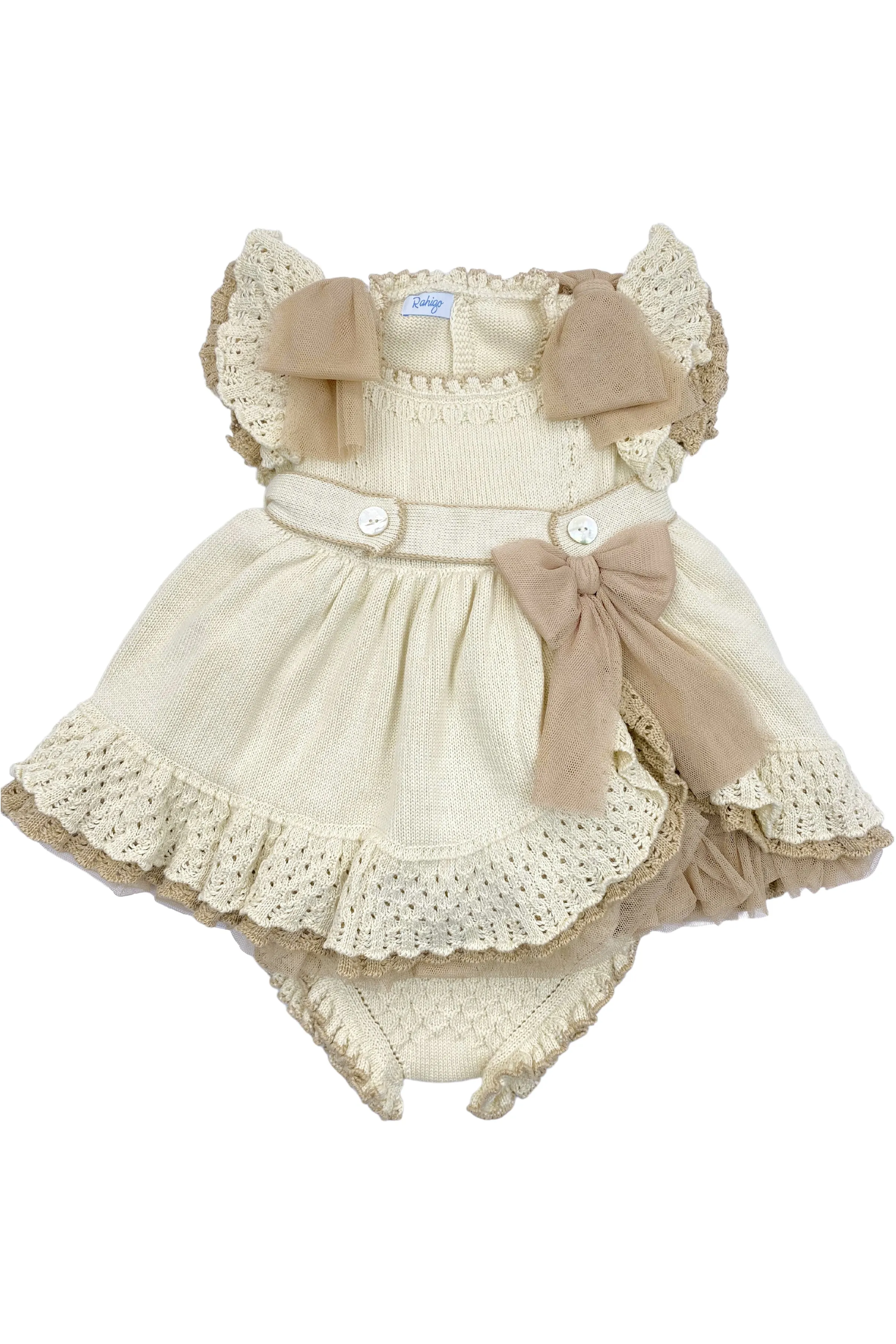 "Beatrice" Cream & Camel Knit Tulle Dress & Bloomers