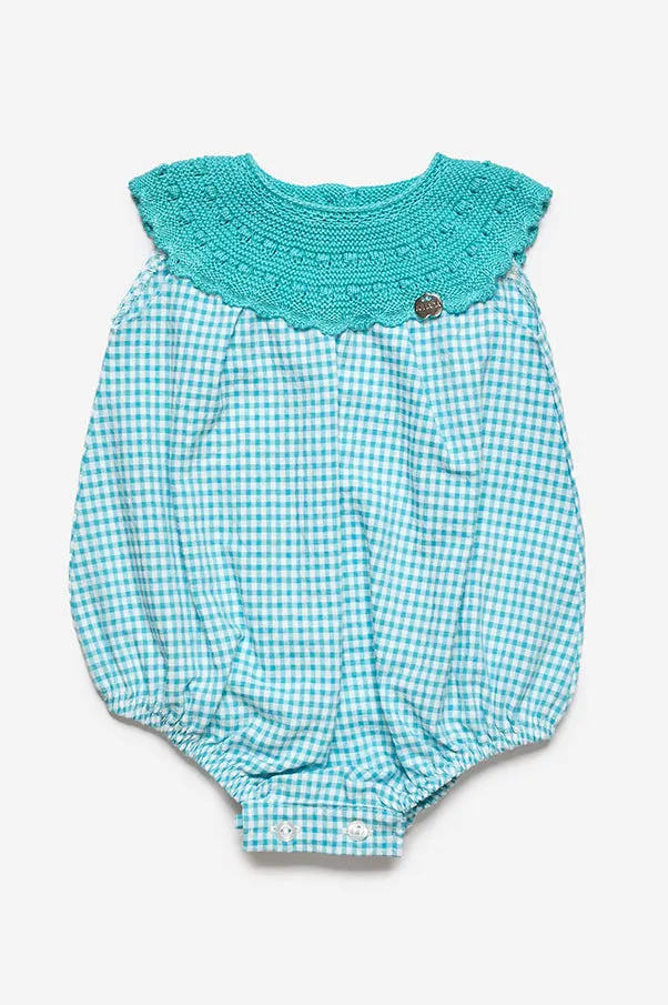 "Casey" Turquoise Half Knit Gingham Romper