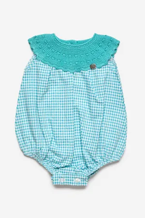 "Casey" Turquoise Half Knit Gingham Romper