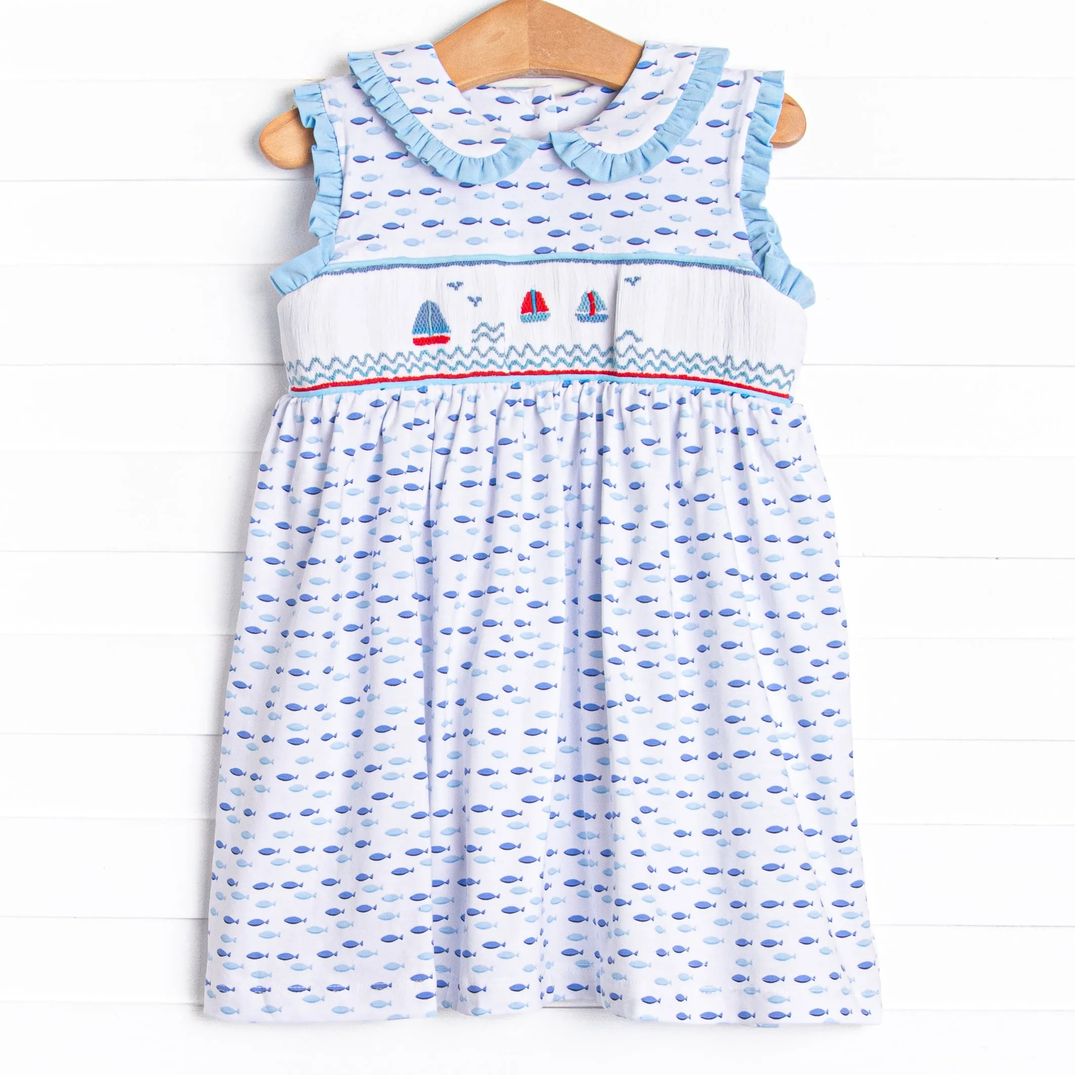 Sailboat Swarm Smocked Dress, Blue