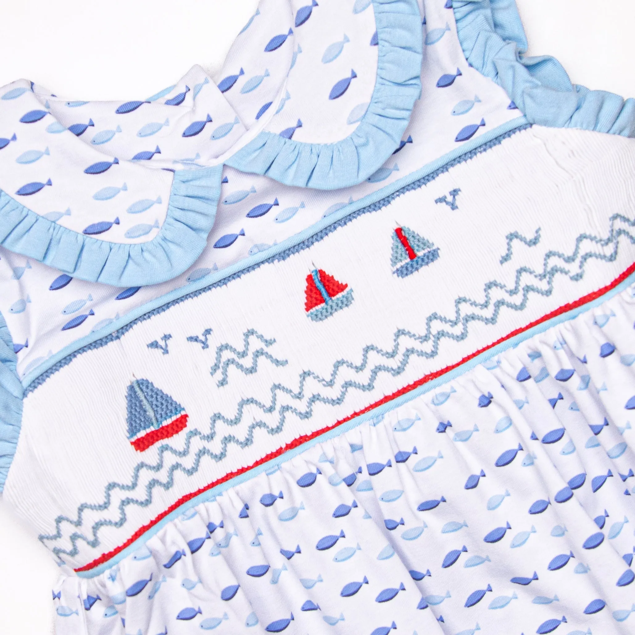 Sailboat Swarm Smocked Dress, Blue