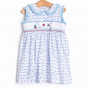 Sailboat Swarm Smocked Dress, Blue