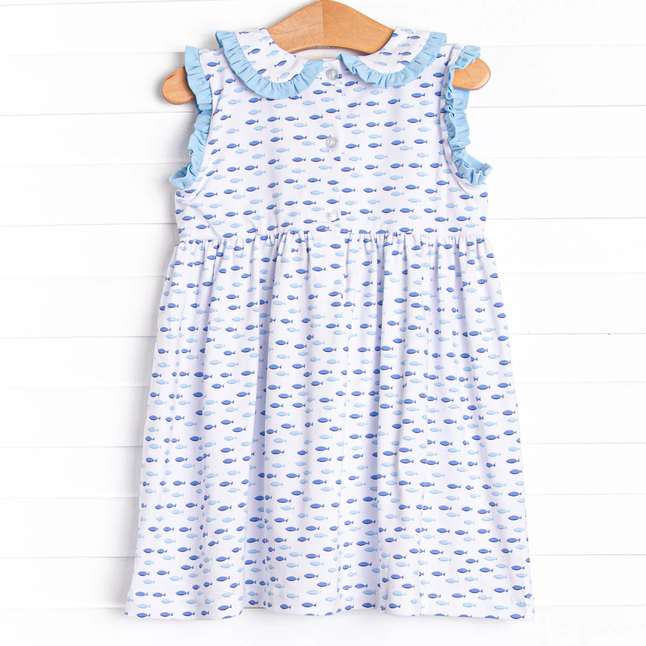 Sailboat Swarm Smocked Dress, Blue