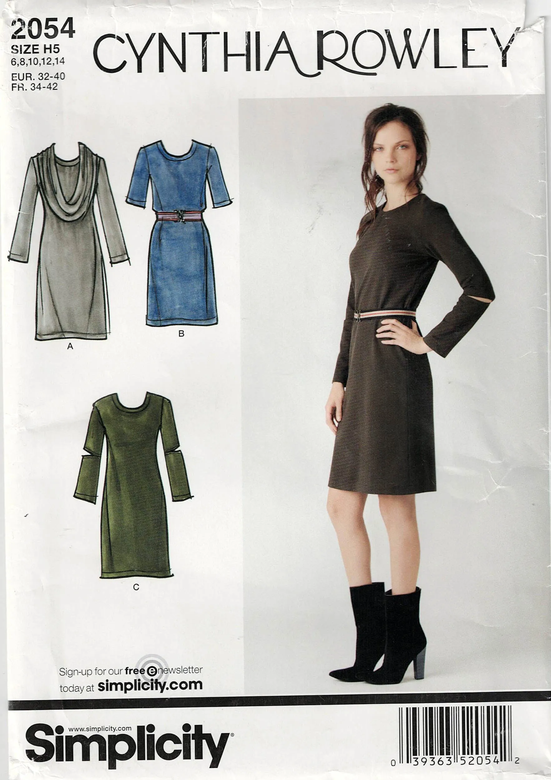Simplicity 2054 CYNTHIA ROWLEY Womens Stretch Knit Dress & Cowl Collar Out Of Print Sewing Pattern Size 6 - 14 UNCUT Factory Folded