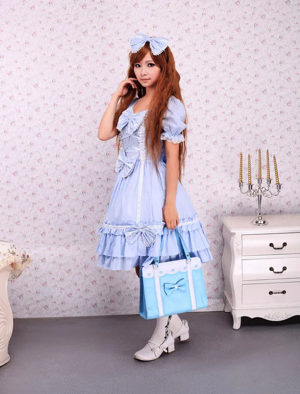 Sky Blue Cotton Lolita OP Dress and Cape with Bows and Ruffles