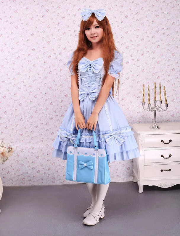 Sky Blue Cotton Lolita OP Dress and Cape with Bows and Ruffles
