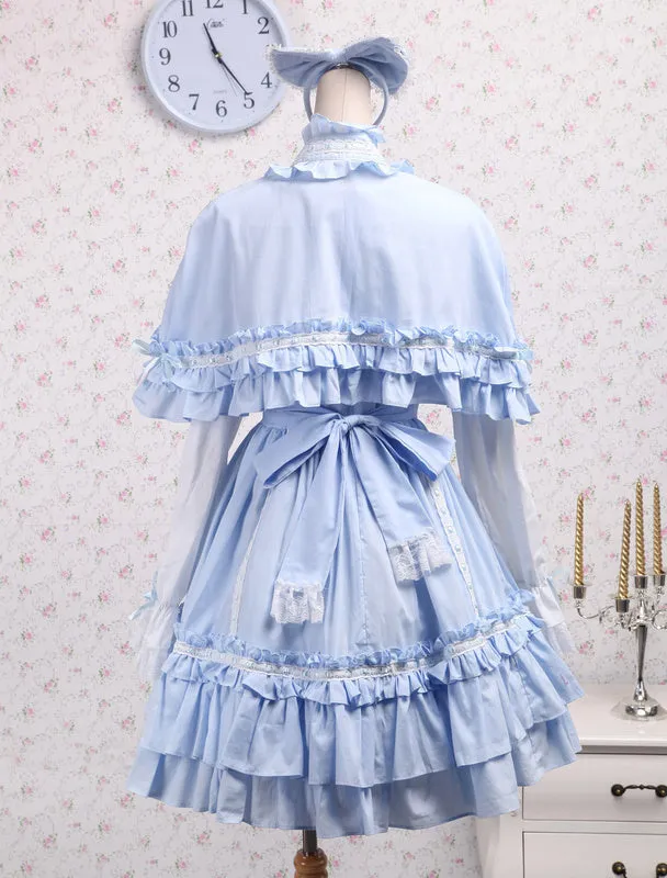 Sky Blue Cotton Lolita OP Dress and Cape with Bows and Ruffles