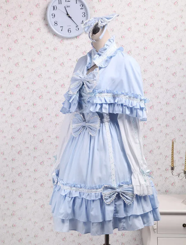 Sky Blue Cotton Lolita OP Dress and Cape with Bows and Ruffles