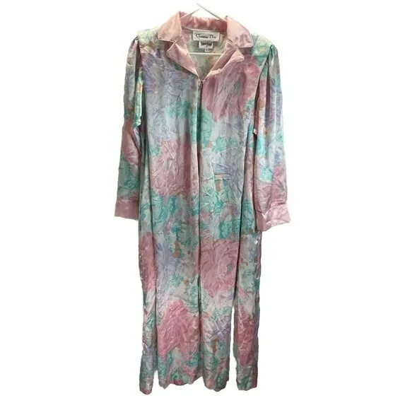 Vintage Christian Dior 1/4 zip Long Caftan Mumu House Dress Floral Satin SM-LG