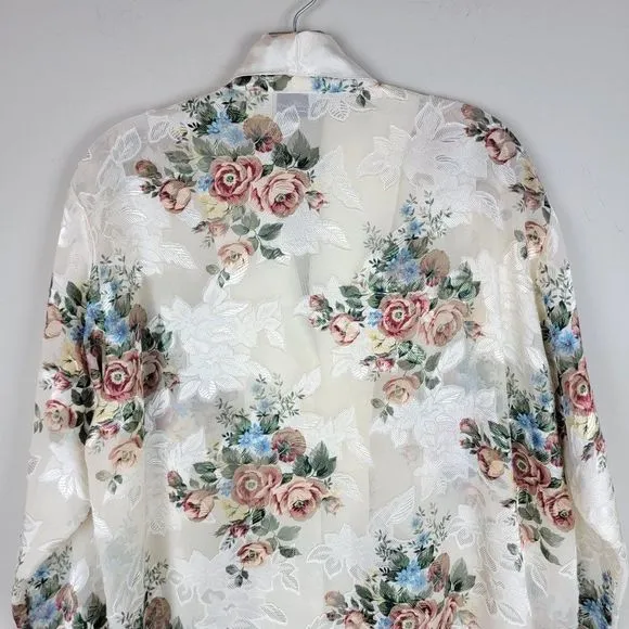 Vintage Kathryn Beige Floral Satin Chiffon Sheer Button Down Sleepwear Top L