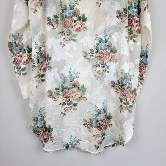 Vintage Kathryn Beige Floral Satin Chiffon Sheer Button Down Sleepwear Top L