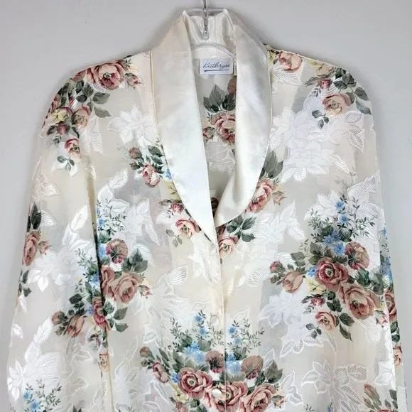 Vintage Kathryn Beige Floral Satin Chiffon Sheer Button Down Sleepwear Top L
