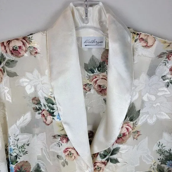 Vintage Kathryn Beige Floral Satin Chiffon Sheer Button Down Sleepwear Top L