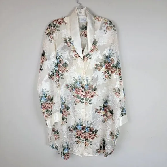 Vintage Kathryn Beige Floral Satin Chiffon Sheer Button Down Sleepwear Top L