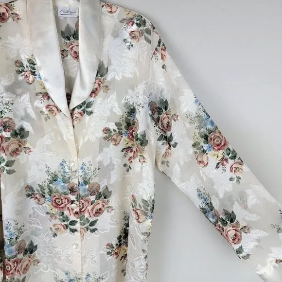 Vintage Kathryn Beige Floral Satin Chiffon Sheer Button Down Sleepwear Top L