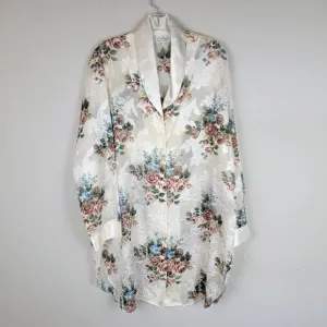 Vintage Kathryn Beige Floral Satin Chiffon Sheer Button Down Sleepwear Top L
