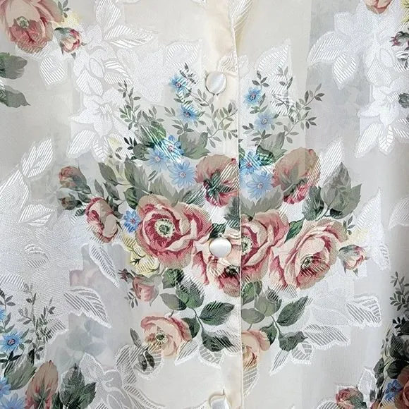 Vintage Kathryn Beige Floral Satin Chiffon Sheer Button Down Sleepwear Top L