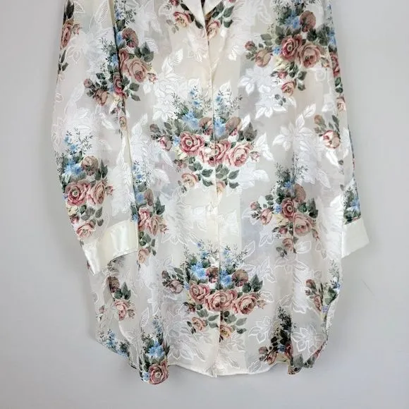 Vintage Kathryn Beige Floral Satin Chiffon Sheer Button Down Sleepwear Top L