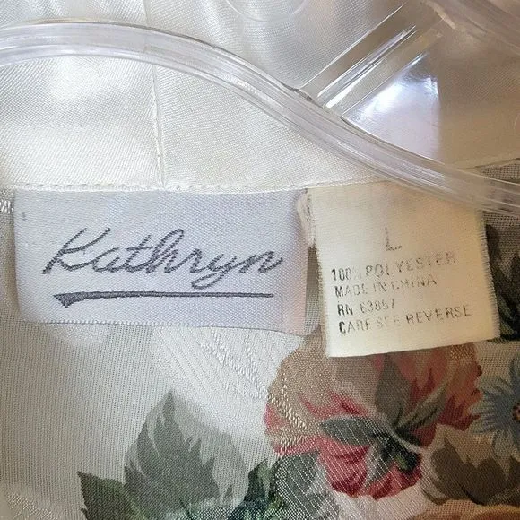 Vintage Kathryn Beige Floral Satin Chiffon Sheer Button Down Sleepwear Top L