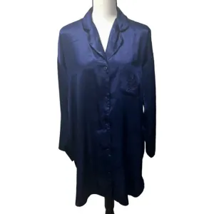 Vintage Victoria's Secret Navy Satin Sleep Shirt Pajama Embroidered Floral Gown