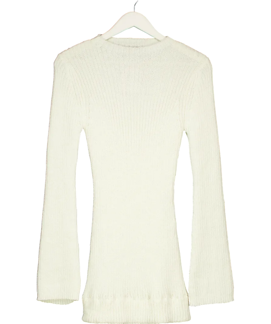 White Fox Beige Get On Down Long Sleeve Knit Mini Dress Off White UK L