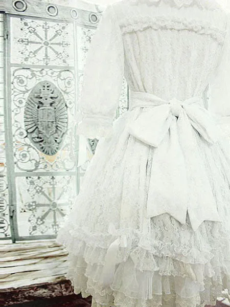 White Lolita Dress With Lace Bow Cotton for Women