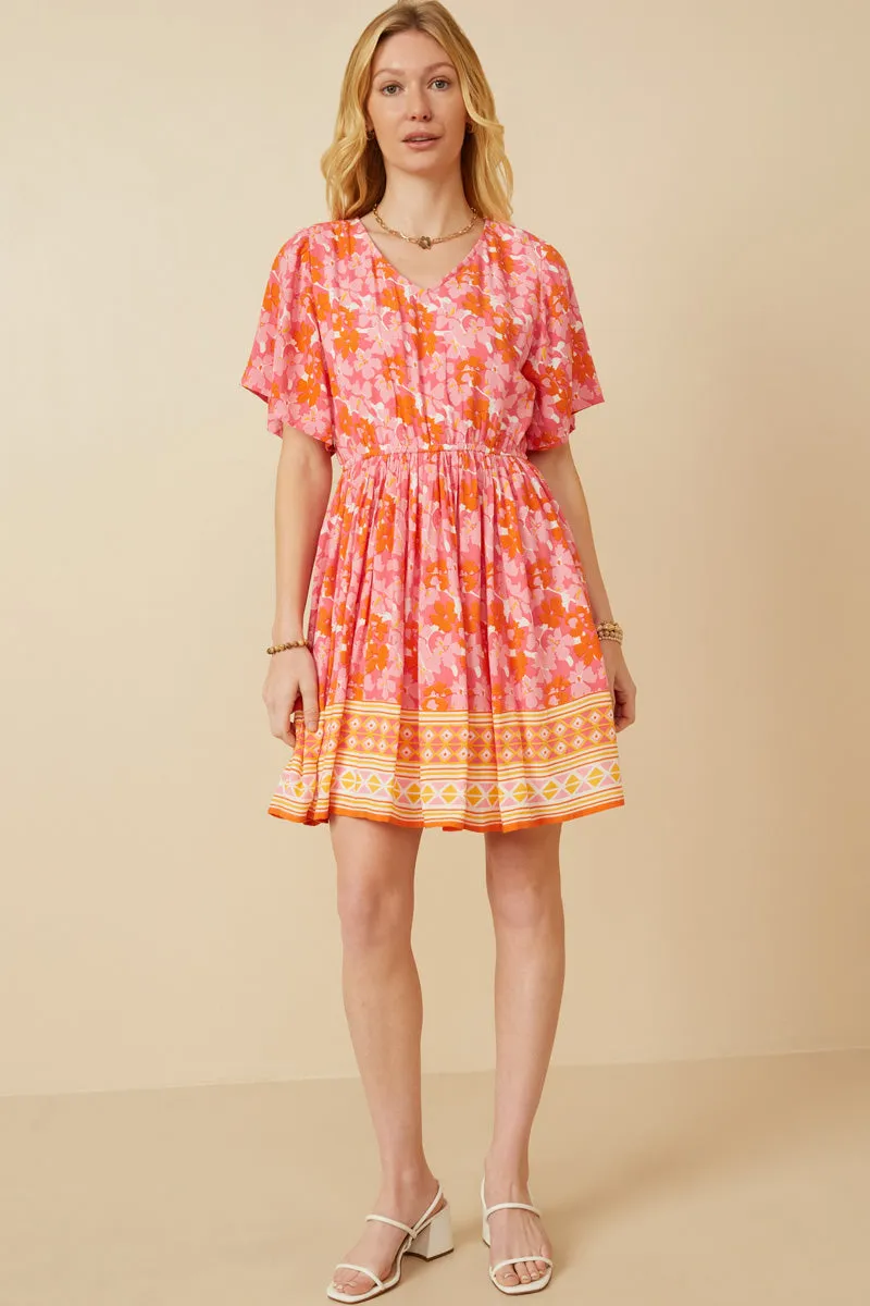 Womens Bordered Hem Floral Print V Neck Dress